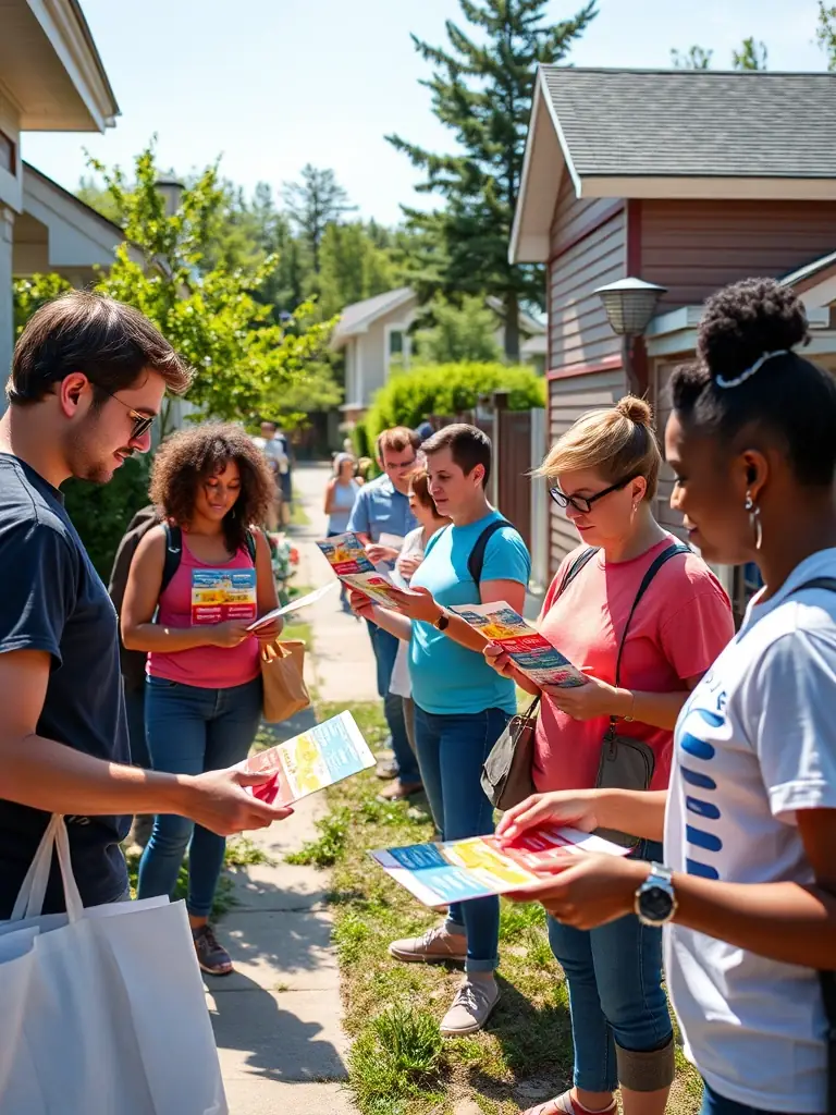 A distribution team placing flyers on doorsteps and in community areas, ensuring wide reach and targeted distribution.