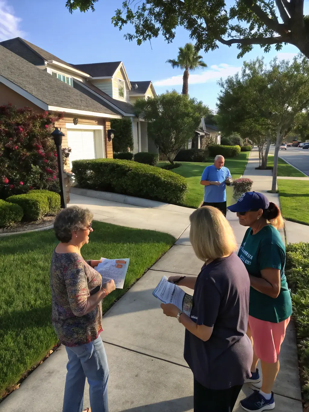 A team of canvassers speaking with residents at their doorstep, with campaign materials in hand, showcasing a friendly and informative interaction.
