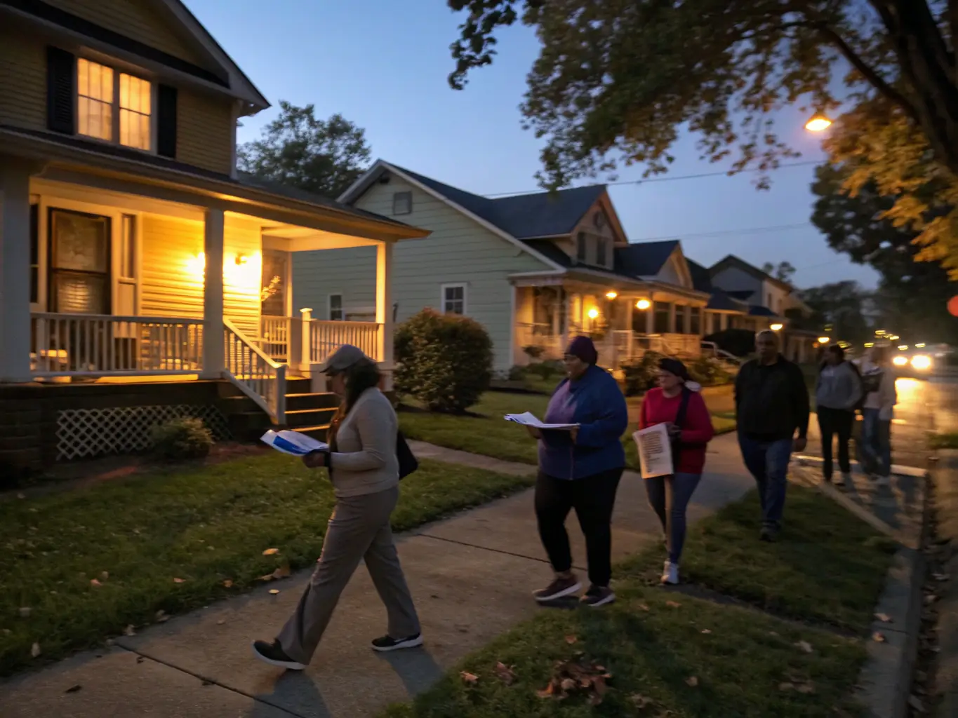 An image showing a team of professional canvassers engaging with residents at their doorsteps, highlighting the personalized and direct approach of Quality Marketing Systems LLC's door-to-door canvassing services.