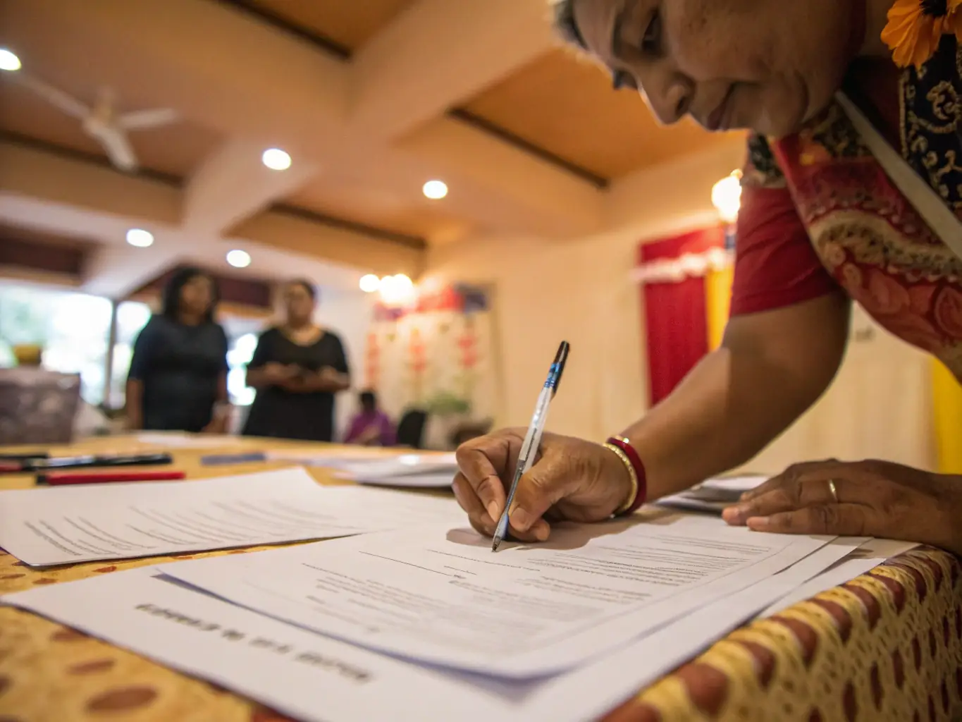 An image depicting a successful signature collection event, with diverse community members actively participating and signing petitions, symbolizing the effectiveness and community engagement of Quality Marketing Systems LLC's services.